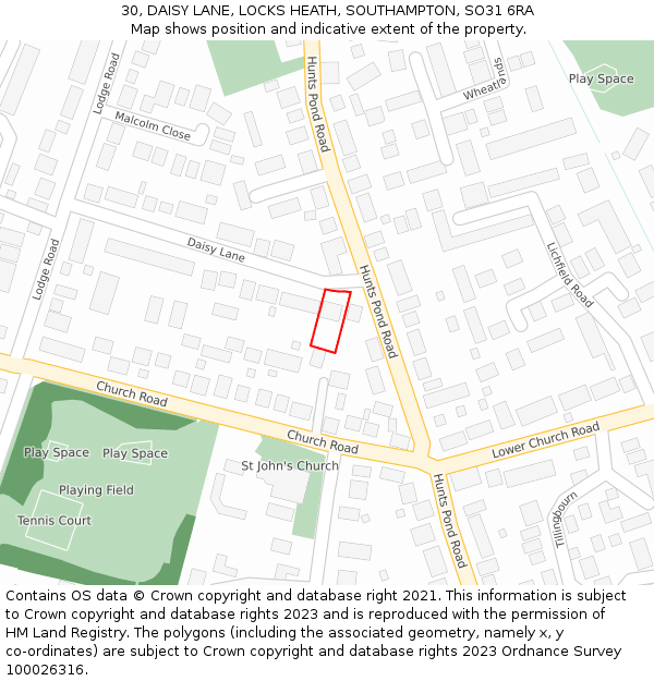 30, DAISY LANE, LOCKS HEATH, SOUTHAMPTON, SO31 6RA: Location map and indicative extent of plot