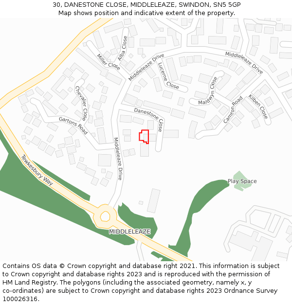 30, DANESTONE CLOSE, MIDDLELEAZE, SWINDON, SN5 5GP: Location map and indicative extent of plot