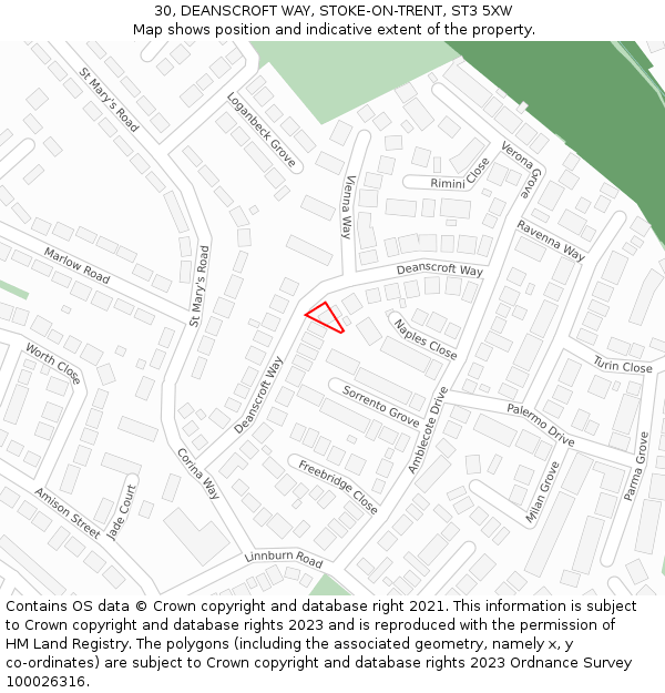 30, DEANSCROFT WAY, STOKE-ON-TRENT, ST3 5XW: Location map and indicative extent of plot