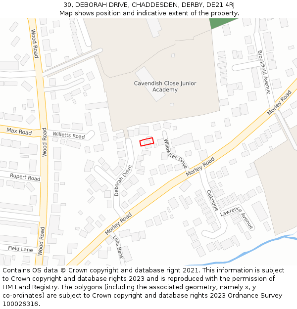 30, DEBORAH DRIVE, CHADDESDEN, DERBY, DE21 4RJ: Location map and indicative extent of plot