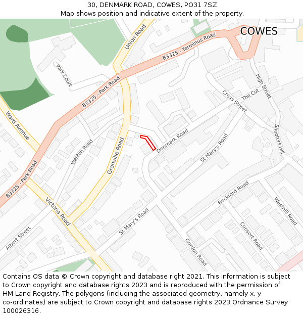 30, DENMARK ROAD, COWES, PO31 7SZ: Location map and indicative extent of plot