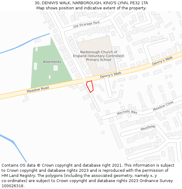 30, DENNYS WALK, NARBOROUGH, KING'S LYNN, PE32 1TA: Location map and indicative extent of plot
