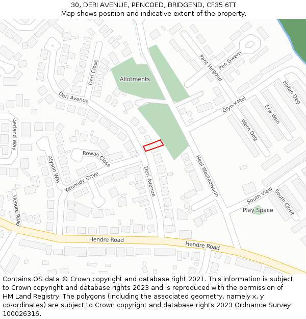 30, DERI AVENUE, PENCOED, BRIDGEND, CF35 6TT: Location map and indicative extent of plot