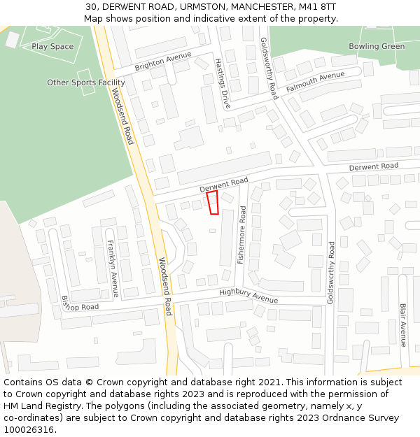 30, DERWENT ROAD, URMSTON, MANCHESTER, M41 8TT: Location map and indicative extent of plot