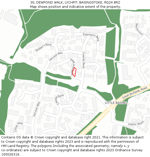 30, DEWPOND WALK, LYCHPIT, BASINGSTOKE, RG24 8RZ: Location map and indicative extent of plot
