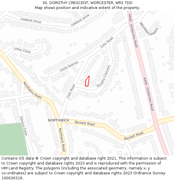 30, DOROTHY CRESCENT, WORCESTER, WR3 7DD: Location map and indicative extent of plot