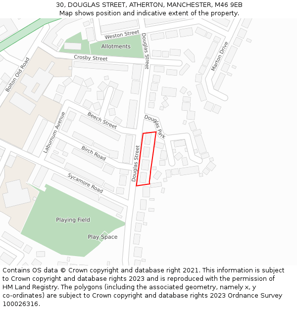 30, DOUGLAS STREET, ATHERTON, MANCHESTER, M46 9EB: Location map and indicative extent of plot