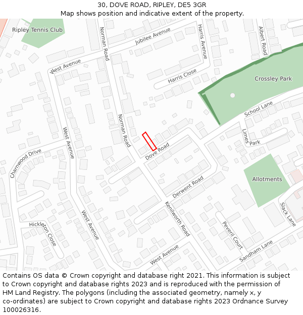 30, DOVE ROAD, RIPLEY, DE5 3GR: Location map and indicative extent of plot