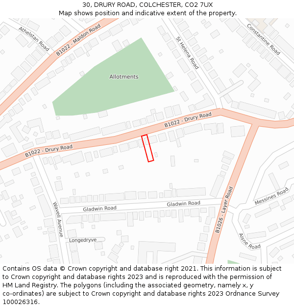 30, DRURY ROAD, COLCHESTER, CO2 7UX: Location map and indicative extent of plot