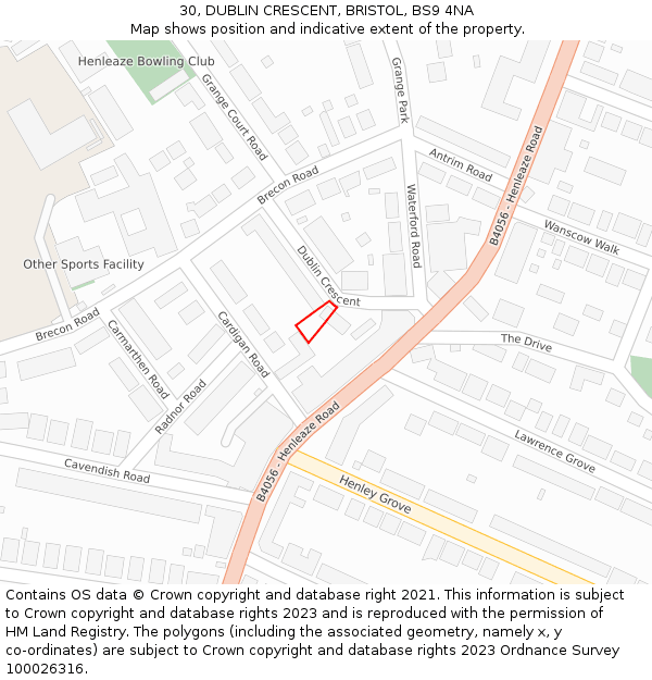 30, DUBLIN CRESCENT, BRISTOL, BS9 4NA: Location map and indicative extent of plot