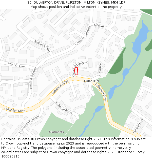 30, DULVERTON DRIVE, FURZTON, MILTON KEYNES, MK4 1DF: Location map and indicative extent of plot