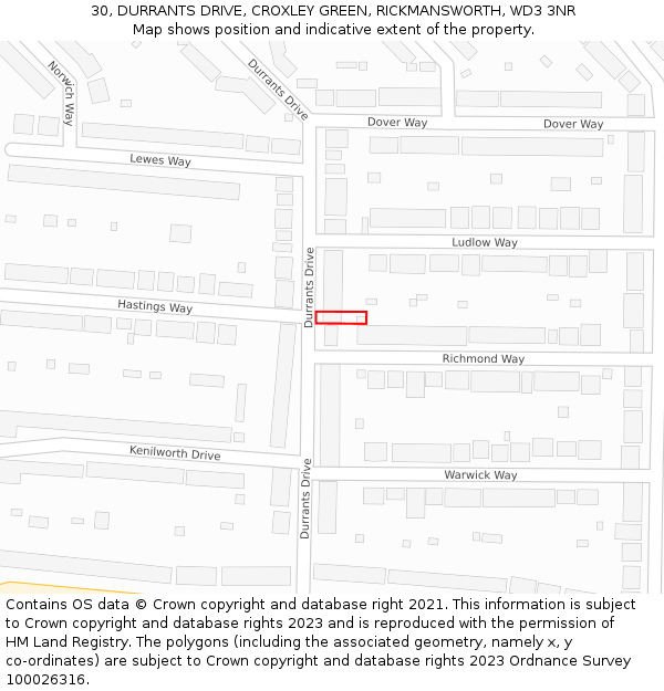 30, DURRANTS DRIVE, CROXLEY GREEN, RICKMANSWORTH, WD3 3NR: Location map and indicative extent of plot
