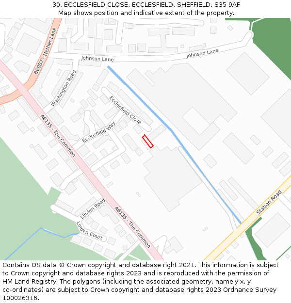 30, ECCLESFIELD CLOSE, ECCLESFIELD, SHEFFIELD, S35 9AF: Location map and indicative extent of plot