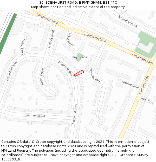 30, EDENHURST ROAD, BIRMINGHAM, B31 4PQ: Location map and indicative extent of plot