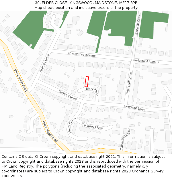 30, ELDER CLOSE, KINGSWOOD, MAIDSTONE, ME17 3PR: Location map and indicative extent of plot