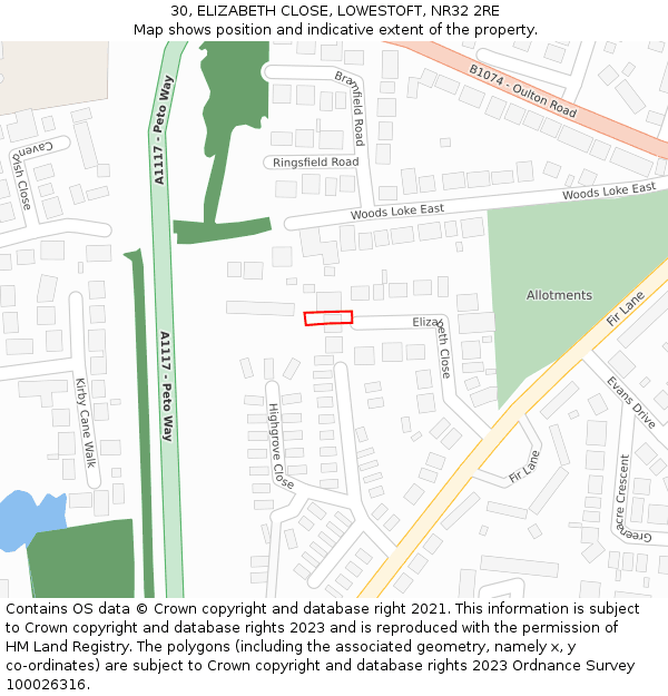 30, ELIZABETH CLOSE, LOWESTOFT, NR32 2RE: Location map and indicative extent of plot