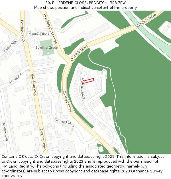 30, ELLERDENE CLOSE, REDDITCH, B98 7PW: Location map and indicative extent of plot