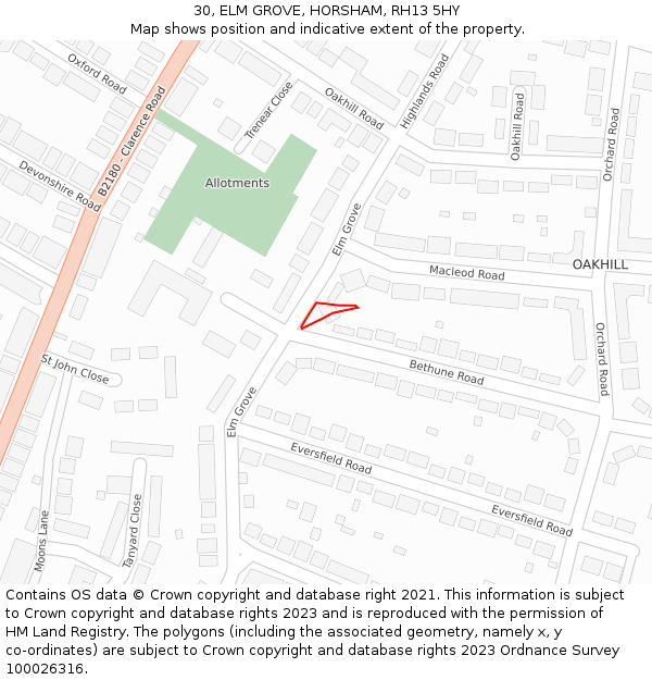 30, ELM GROVE, HORSHAM, RH13 5HY: Location map and indicative extent of plot