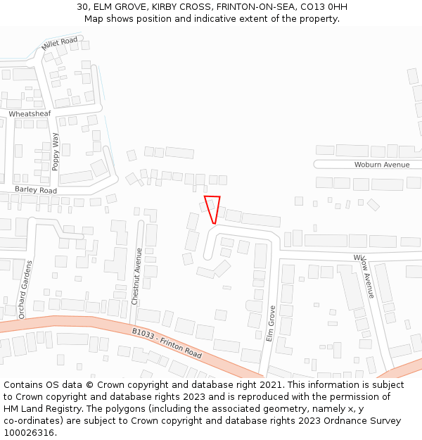 30, ELM GROVE, KIRBY CROSS, FRINTON-ON-SEA, CO13 0HH: Location map and indicative extent of plot