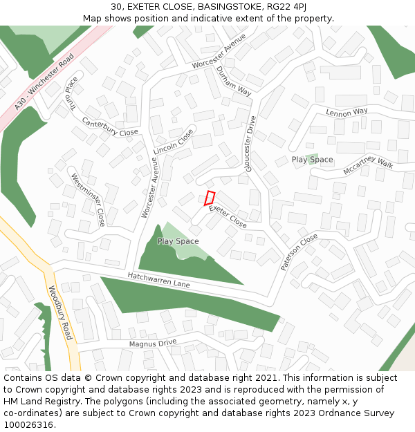 30, EXETER CLOSE, BASINGSTOKE, RG22 4PJ: Location map and indicative extent of plot