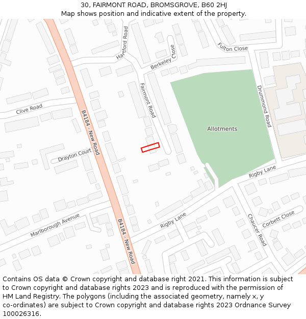 30, FAIRMONT ROAD, BROMSGROVE, B60 2HJ: Location map and indicative extent of plot
