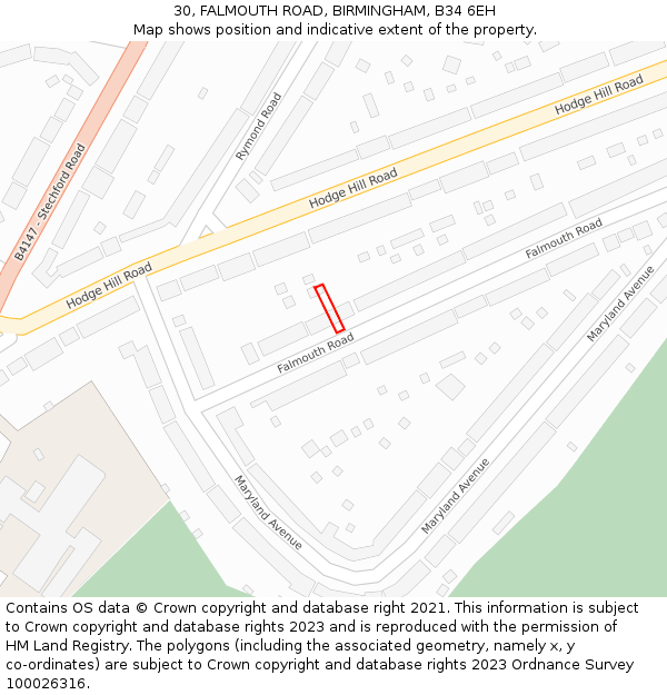 30, FALMOUTH ROAD, BIRMINGHAM, B34 6EH: Location map and indicative extent of plot