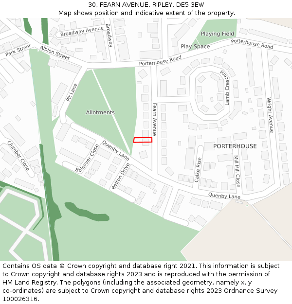30, FEARN AVENUE, RIPLEY, DE5 3EW: Location map and indicative extent of plot