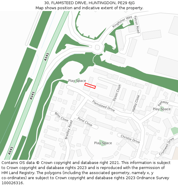 30, FLAMSTEED DRIVE, HUNTINGDON, PE29 6JG: Location map and indicative extent of plot