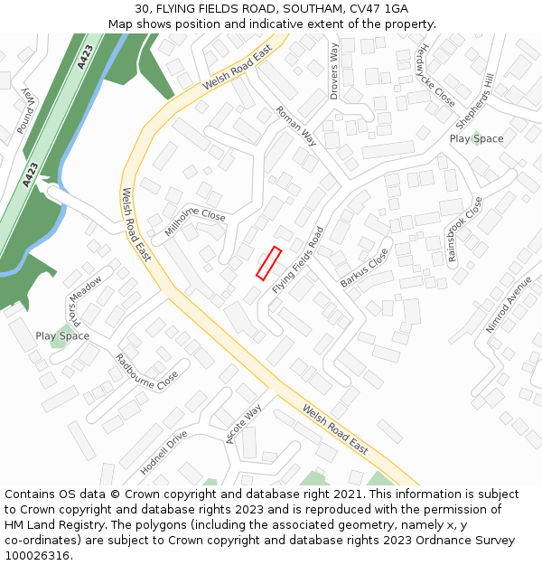 30, FLYING FIELDS ROAD, SOUTHAM, CV47 1GA: Location map and indicative extent of plot