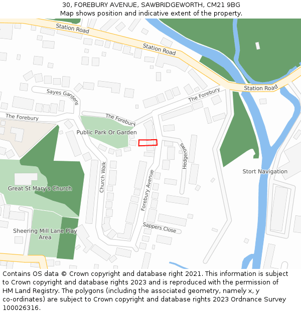 30, FOREBURY AVENUE, SAWBRIDGEWORTH, CM21 9BG: Location map and indicative extent of plot