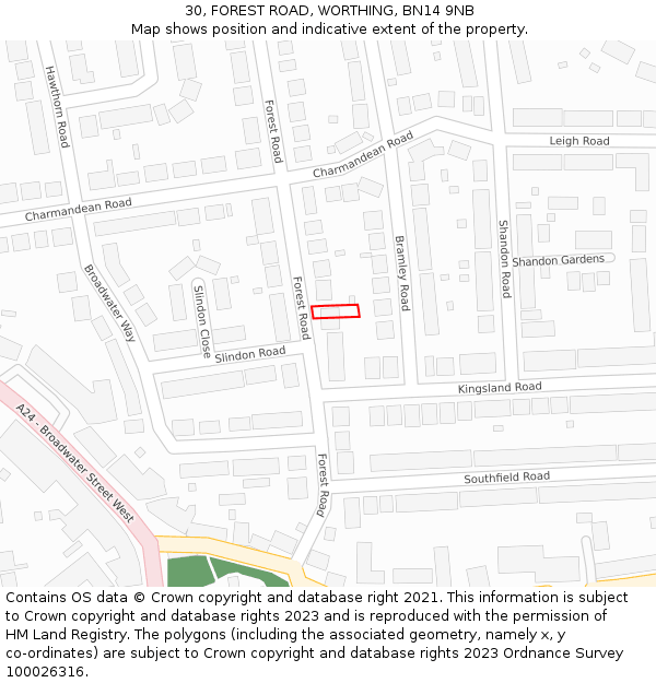 30, FOREST ROAD, WORTHING, BN14 9NB: Location map and indicative extent of plot