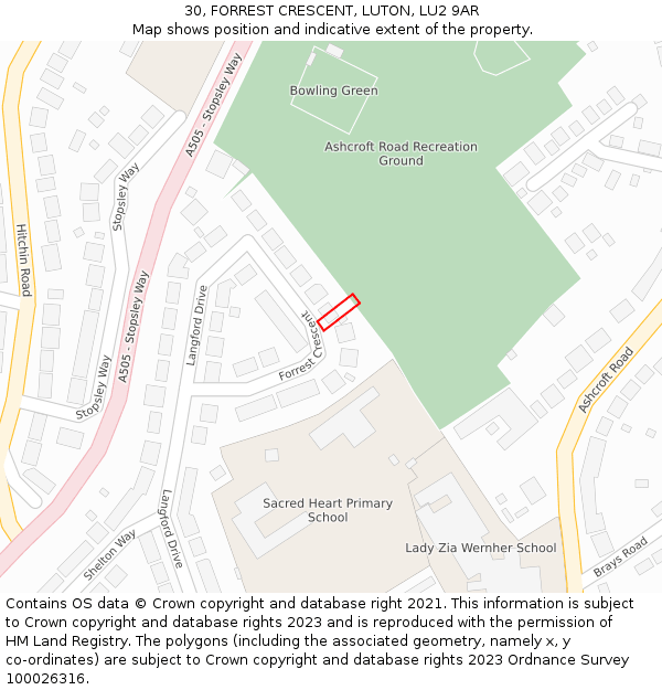 30, FORREST CRESCENT, LUTON, LU2 9AR: Location map and indicative extent of plot