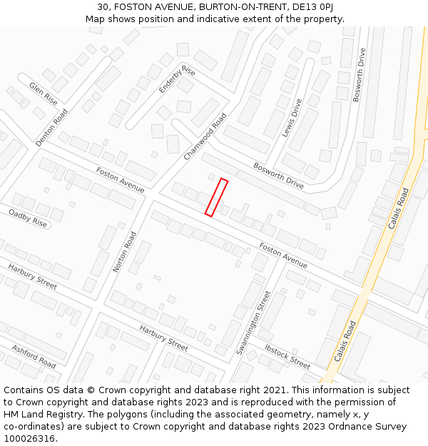 30, FOSTON AVENUE, BURTON-ON-TRENT, DE13 0PJ: Location map and indicative extent of plot