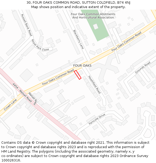 30, FOUR OAKS COMMON ROAD, SUTTON COLDFIELD, B74 4NJ: Location map and indicative extent of plot