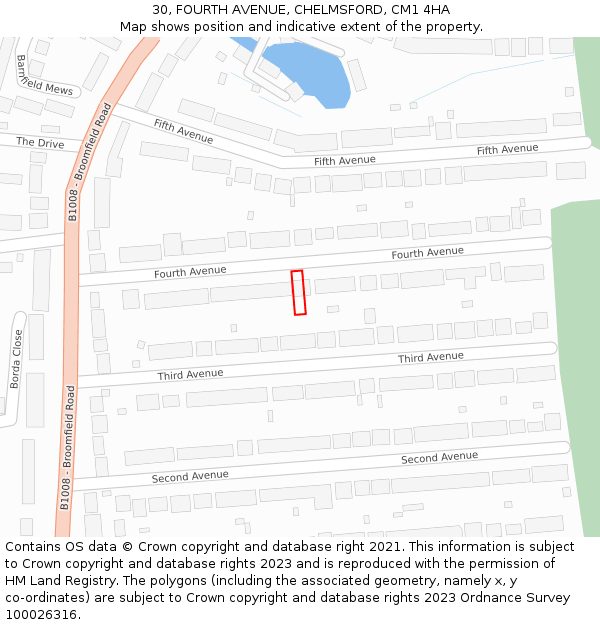 30, FOURTH AVENUE, CHELMSFORD, CM1 4HA: Location map and indicative extent of plot