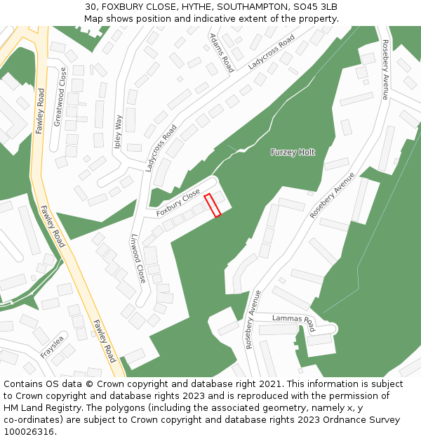 30, FOXBURY CLOSE, HYTHE, SOUTHAMPTON, SO45 3LB: Location map and indicative extent of plot