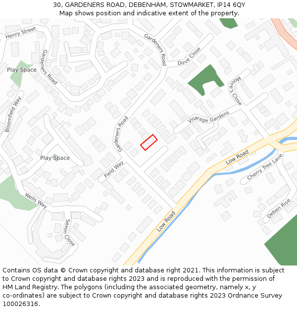 30, GARDENERS ROAD, DEBENHAM, STOWMARKET, IP14 6QY: Location map and indicative extent of plot