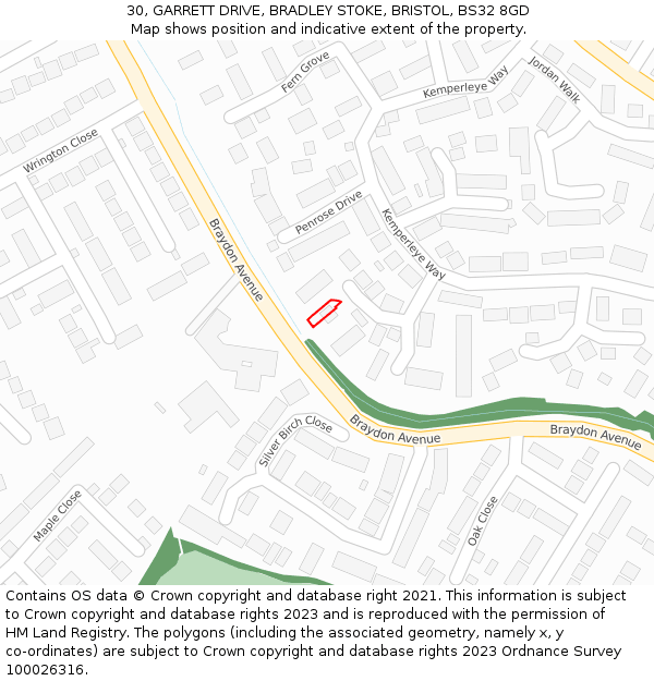 30, GARRETT DRIVE, BRADLEY STOKE, BRISTOL, BS32 8GD: Location map and indicative extent of plot