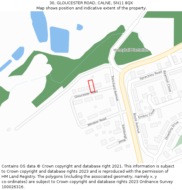 30, GLOUCESTER ROAD, CALNE, SN11 8QX: Location map and indicative extent of plot