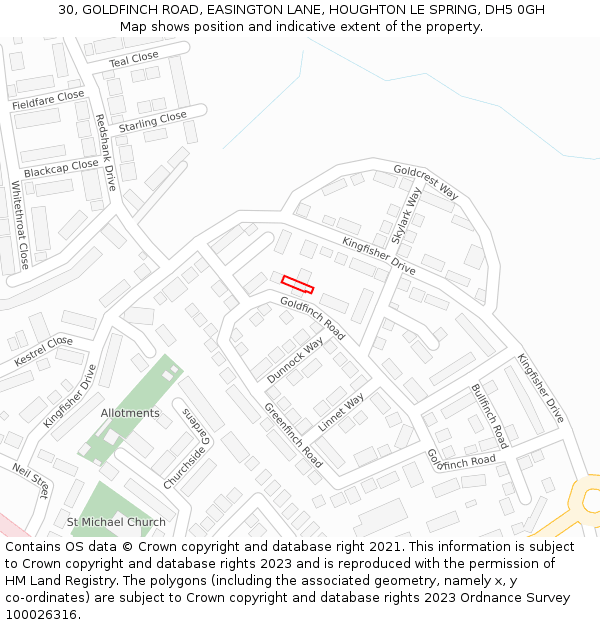 30, GOLDFINCH ROAD, EASINGTON LANE, HOUGHTON LE SPRING, DH5 0GH: Location map and indicative extent of plot