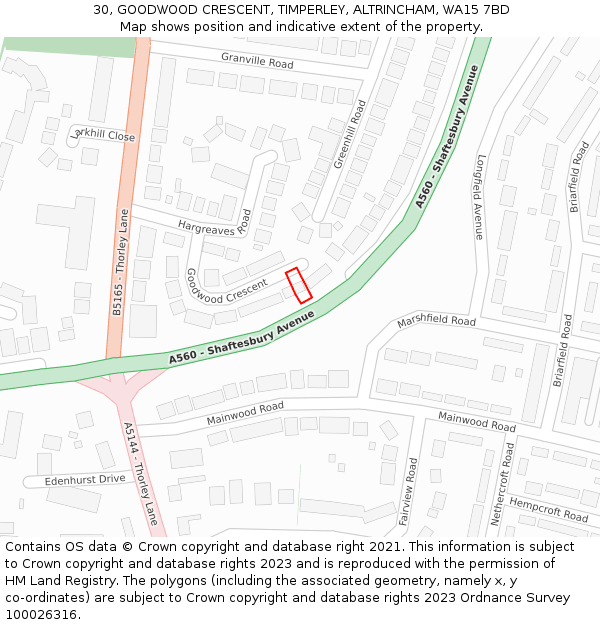 30, GOODWOOD CRESCENT, TIMPERLEY, ALTRINCHAM, WA15 7BD: Location map and indicative extent of plot