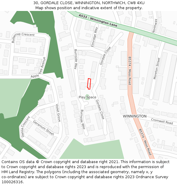 30, GORDALE CLOSE, WINNINGTON, NORTHWICH, CW8 4XU: Location map and indicative extent of plot