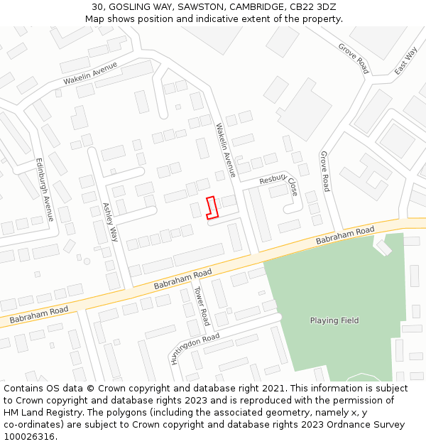 30, GOSLING WAY, SAWSTON, CAMBRIDGE, CB22 3DZ: Location map and indicative extent of plot