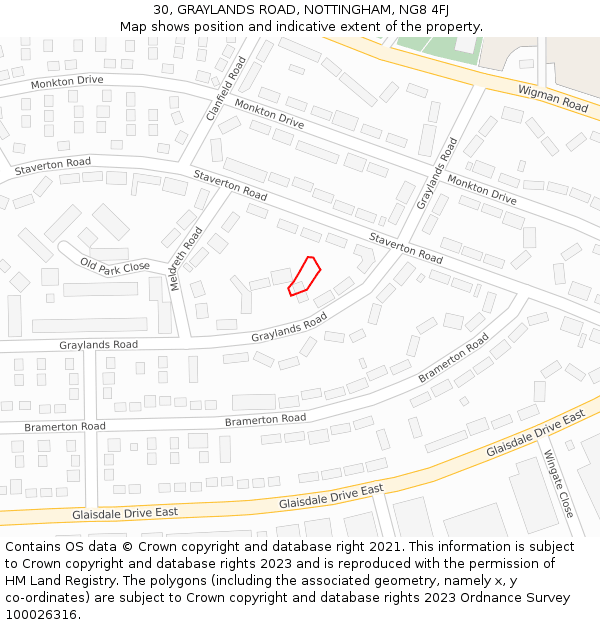 30, GRAYLANDS ROAD, NOTTINGHAM, NG8 4FJ: Location map and indicative extent of plot