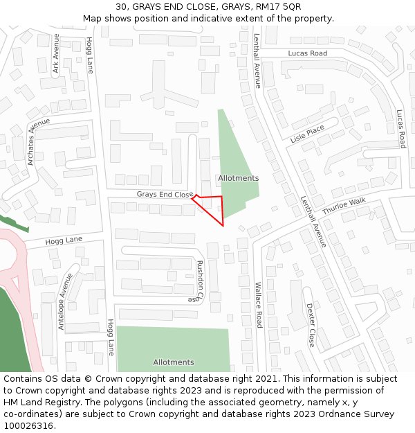 30, GRAYS END CLOSE, GRAYS, RM17 5QR: Location map and indicative extent of plot