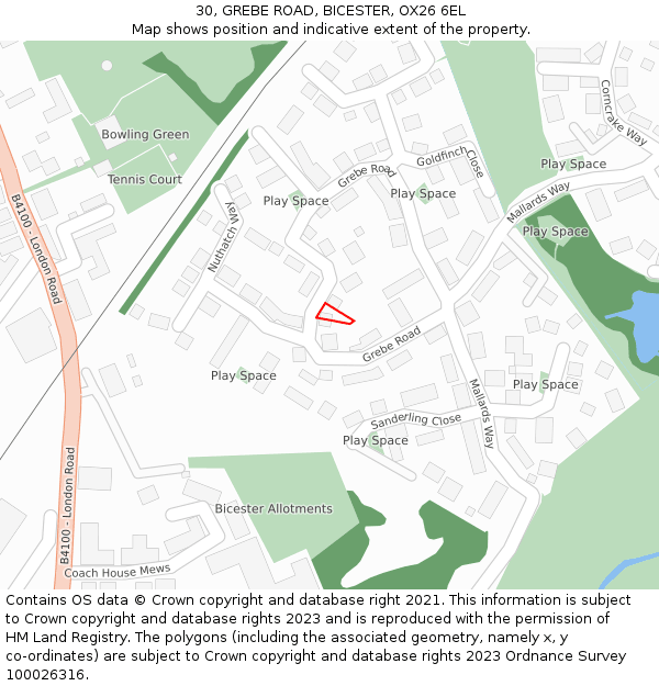 30, GREBE ROAD, BICESTER, OX26 6EL: Location map and indicative extent of plot