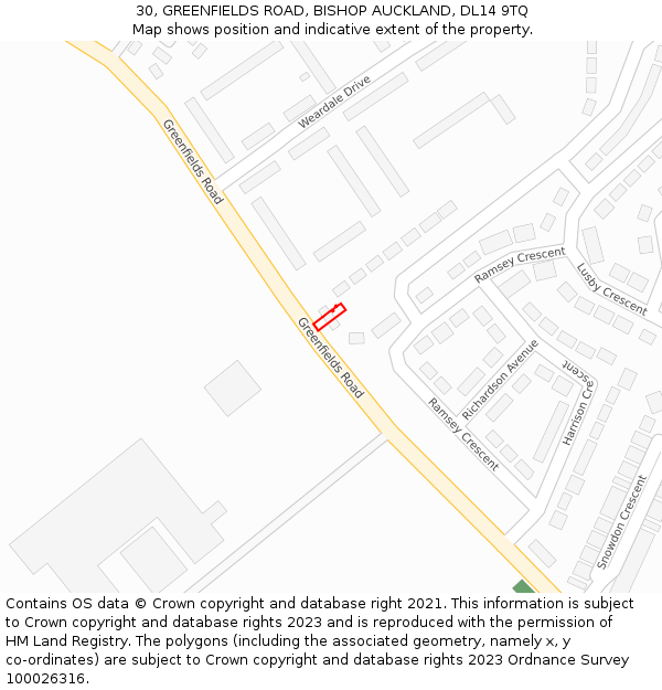 30, GREENFIELDS ROAD, BISHOP AUCKLAND, DL14 9TQ: Location map and indicative extent of plot