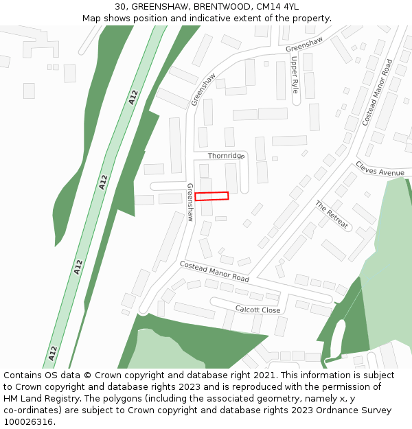 30, GREENSHAW, BRENTWOOD, CM14 4YL: Location map and indicative extent of plot
