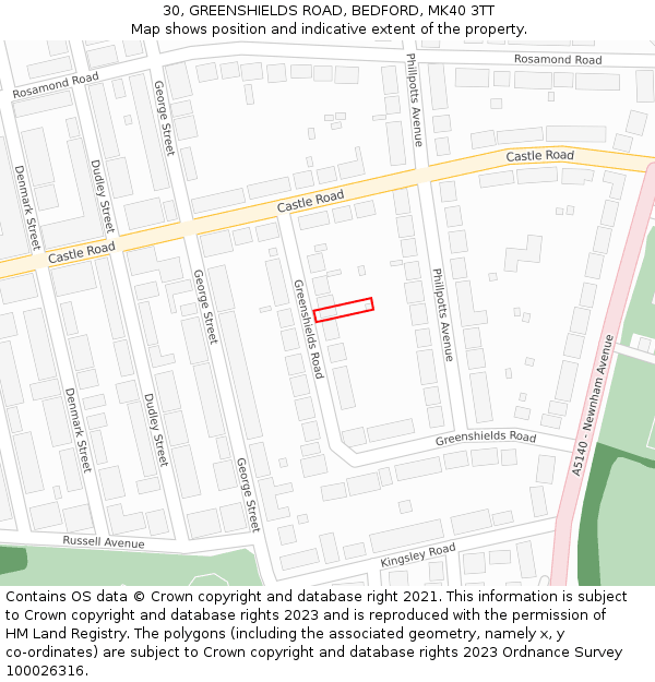 30, GREENSHIELDS ROAD, BEDFORD, MK40 3TT: Location map and indicative extent of plot