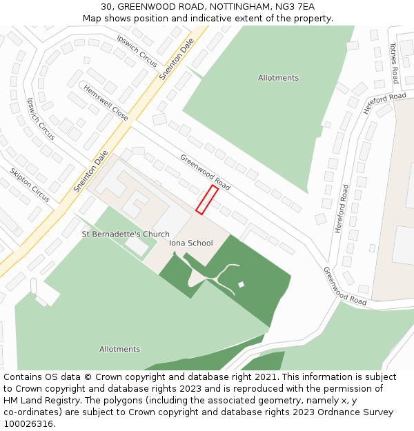 30, GREENWOOD ROAD, NOTTINGHAM, NG3 7EA: Location map and indicative extent of plot